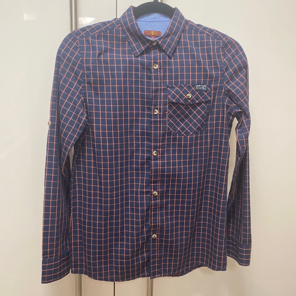 7 for all mankind kids XL button down navy blue with orange stripes Like NEW